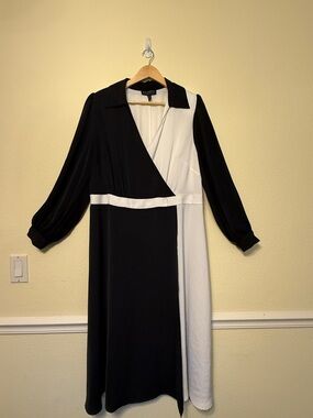 Eloquii Black and White Colorblock Wrap Midi Dress